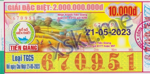 Mẫu vé sô xổ số Tiền Giang ngày 21/5/2023