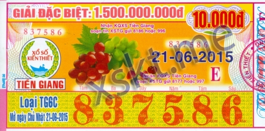 Mẫu vé sô xổ số Tiền Giang ngày 21/6/2015