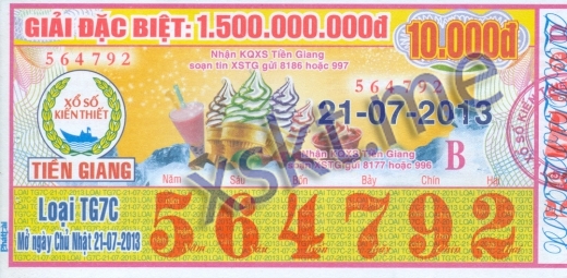 Mẫu vé sô xổ số Tiền Giang ngày 21/7/2013