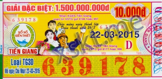 Mẫu vé sô xổ số Tiền Giang ngày 22/3/2015