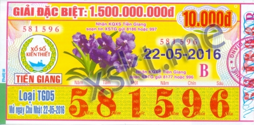 Mẫu vé sô xổ số Tiền Giang ngày 22/5/2016