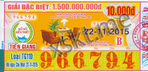 Mẫu vé sô xổ số Tiền Giang ngày 22/11/2015
