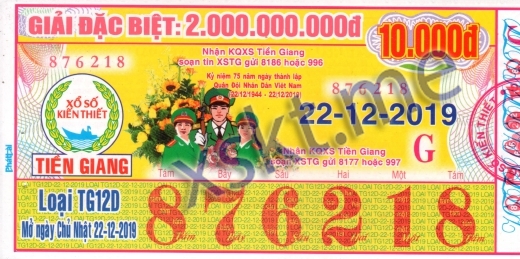 Mẫu vé sô xổ số Tiền Giang ngày 22/12/2019
