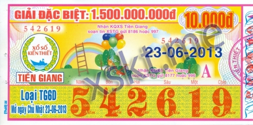 Mẫu vé sô xổ số Tiền Giang ngày 23/6/2013