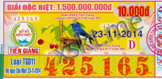Mẫu vé sô xổ số Tiền Giang ngày 23/11/2014