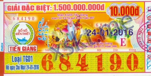 Mẫu vé sô xổ số Tiền Giang ngày 24/1/2016