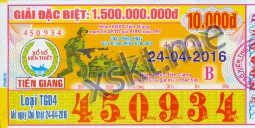 Mẫu vé sô xổ số Tiền Giang ngày 24/4/2016