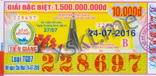 Mẫu vé sô xổ số Tiền Giang ngày 24/7/2016