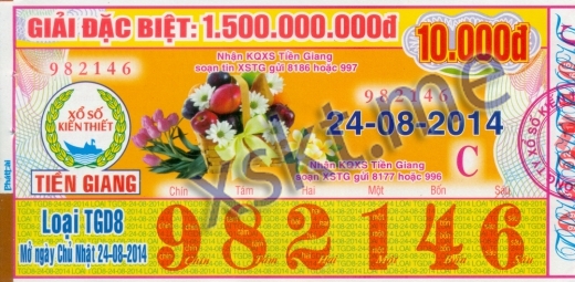 Mẫu vé sô xổ số Tiền Giang ngày 24/8/2014