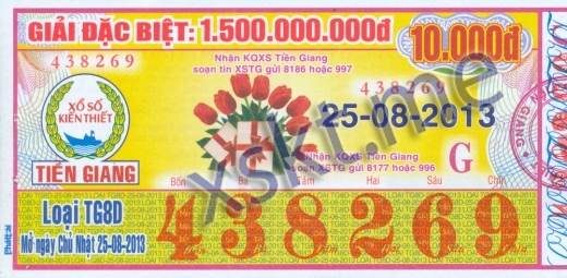 Mẫu vé sô xổ số Tiền Giang ngày 25/8/2013