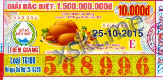 Mẫu vé sô xổ số Tiền Giang ngày 25/10/2015