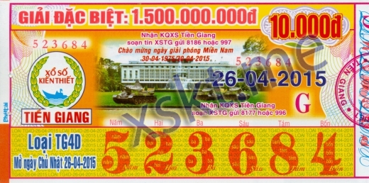 Mẫu vé sô xổ số Tiền Giang ngày 26/4/2015