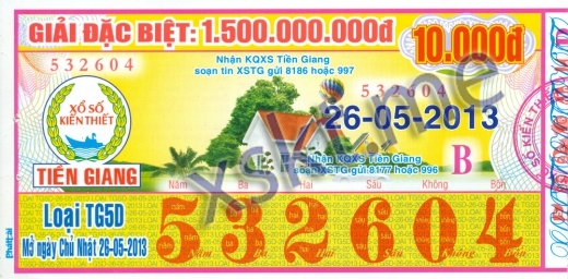Mẫu vé sô xổ số Tiền Giang ngày 26/5/2013