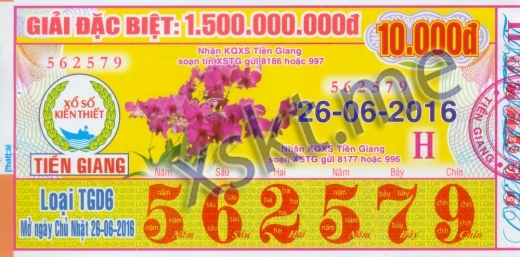 Mẫu vé sô xổ số Tiền Giang ngày 26/6/2016