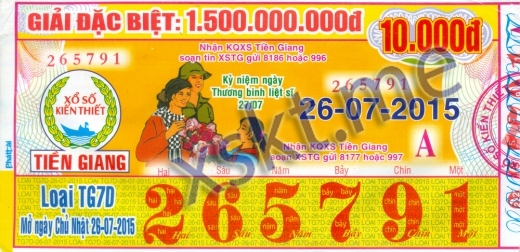 Mẫu vé sô xổ số Tiền Giang ngày 26/7/2015