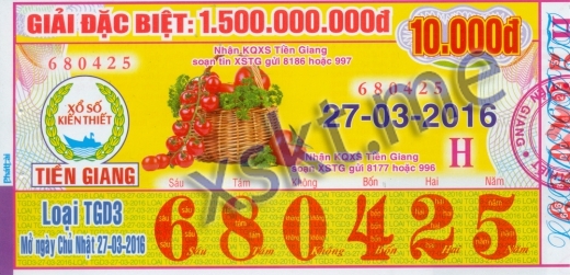 Mẫu vé sô xổ số Tiền Giang ngày 27/3/2016