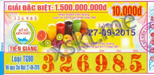 Mẫu vé sô xổ số Tiền Giang ngày 27/9/2015