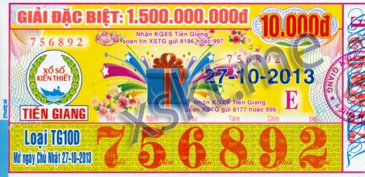 Mẫu vé sô xổ số Tiền Giang ngày 27/10/2013