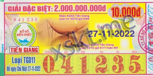 Mẫu vé sô xổ số Tiền Giang ngày 27/11/2022