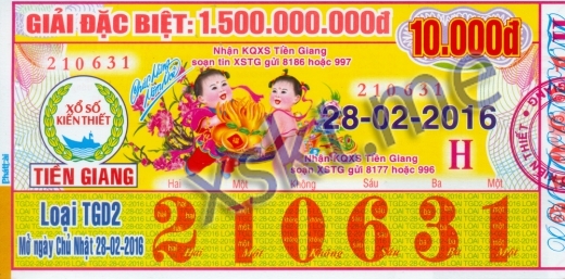 Mẫu vé sô xổ số Tiền Giang ngày 28/2/2016