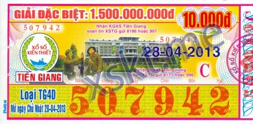 Mẫu vé sô xổ số Tiền Giang ngày 28/4/2013