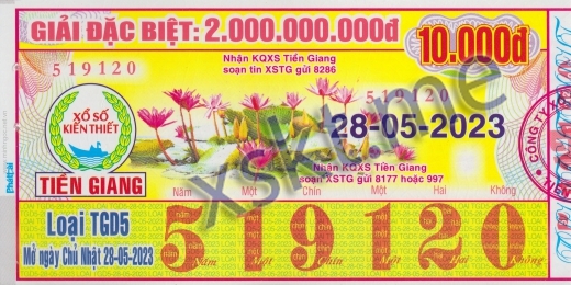 Mẫu vé sô xổ số Tiền Giang ngày 28/5/2023