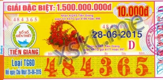 Mẫu vé sô xổ số Tiền Giang ngày 28/6/2015