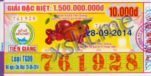 Mẫu vé sô xổ số Tiền Giang ngày 28/9/2014