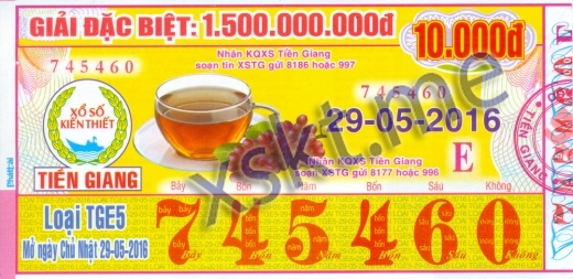 Mẫu vé sô xổ số Tiền Giang ngày 29/5/2016