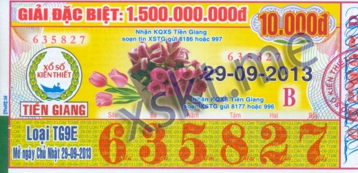 Mẫu vé sô xổ số Tiền Giang ngày 29/9/2013