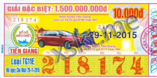 Mẫu vé sô xổ số Tiền Giang ngày 29/11/2015