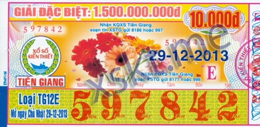 Mẫu vé sô xổ số Tiền Giang ngày 29/12/2013