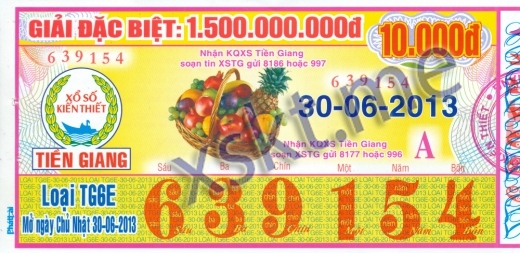 Mẫu vé sô xổ số Tiền Giang ngày 30/6/2013