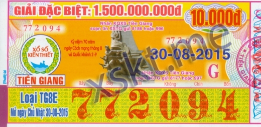 Mẫu vé sô xổ số Tiền Giang ngày 30/8/2015