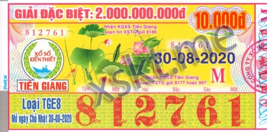 Mẫu vé sô xổ số Tiền Giang ngày 30/8/2020