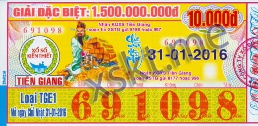 Mẫu vé sô xổ số Tiền Giang ngày 31/1/2016