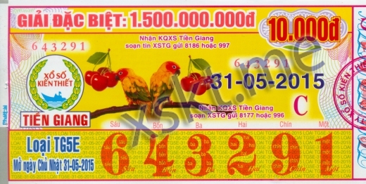 Mẫu vé sô xổ số Tiền Giang ngày 31/5/2015