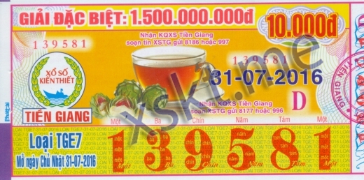 Mẫu vé sô xổ số Tiền Giang ngày 31/7/2016