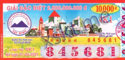 Mẫu vé sô xổ số Tây Ninh ngày 1/4/2021
