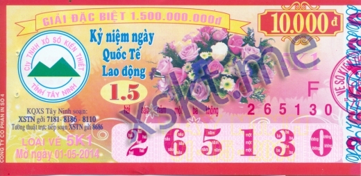Mẫu vé sô xổ số Tây Ninh ngày 1/5/2014