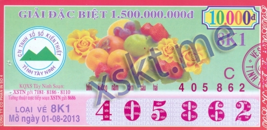 Mẫu vé sô xổ số Tây Ninh ngày 1/8/2013