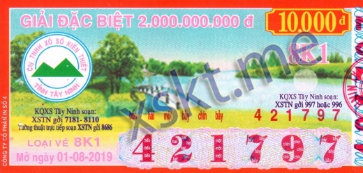Mẫu vé sô xổ số Tây Ninh ngày 1/8/2019
