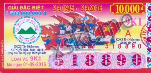 Mẫu vé sô xổ số Tây Ninh ngày 1/9/2016