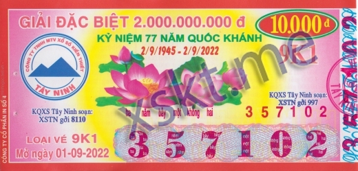 Mẫu vé sô xổ số Tây Ninh ngày 1/9/2022
