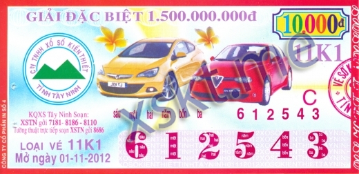 Mẫu vé sô xổ số Tây Ninh ngày 1/11/2012