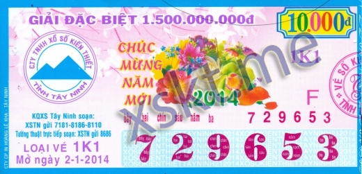 Mẫu vé sô xổ số Tây Ninh ngày 2/1/2014