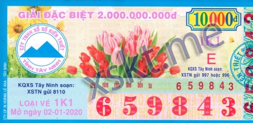 Mẫu vé sô xổ số Tây Ninh ngày 2/1/2020