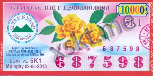Mẫu vé sô xổ số Tây Ninh ngày 2/5/2013