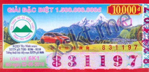 Mẫu vé sô xổ số Tây Ninh ngày 2/6/2016