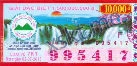 Mẫu vé sô xổ số Tây Ninh ngày 2/7/2015